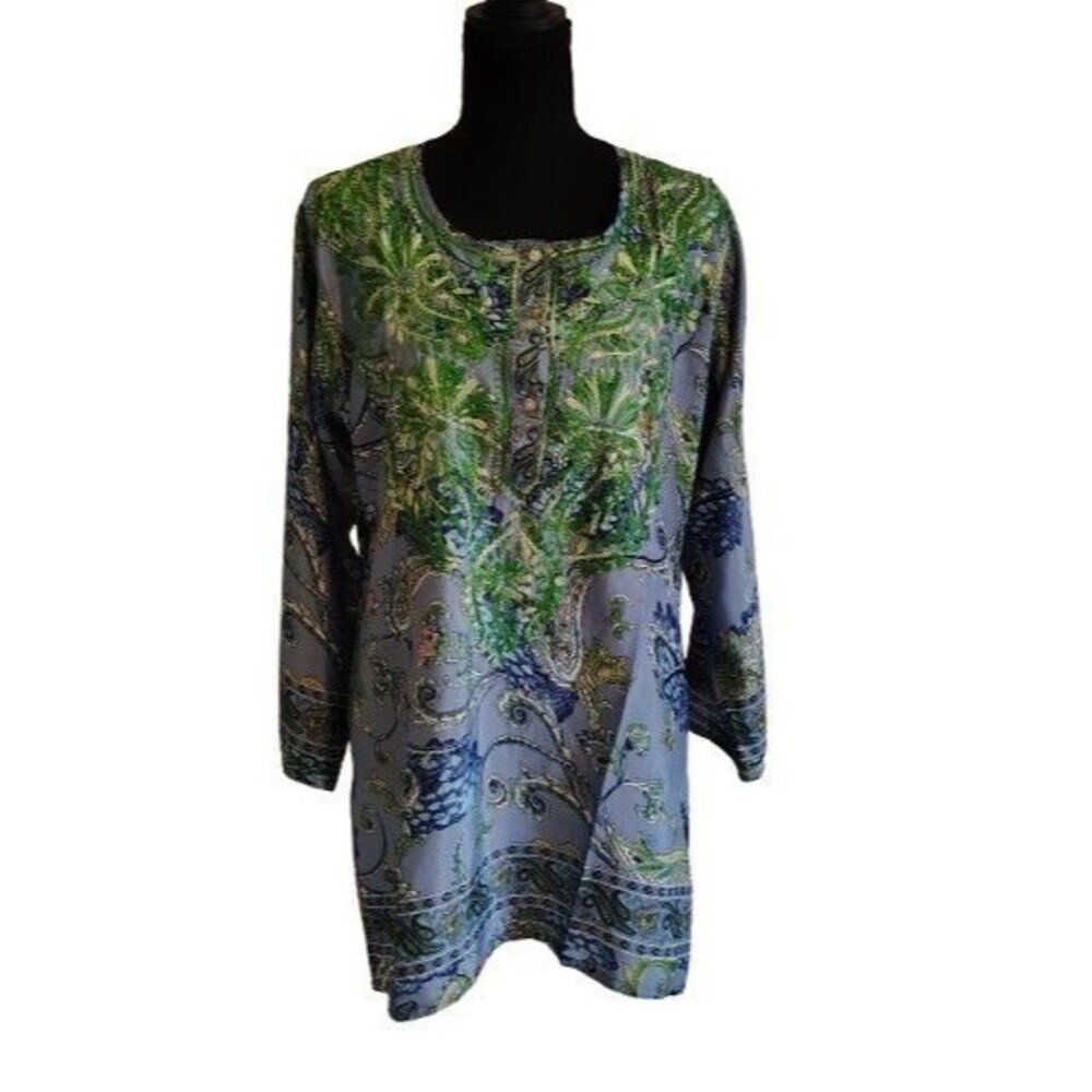 ​Al Jaber Gallery Hand Embroidered Paisley Tunic Top Blue Green Silk Blend Med M